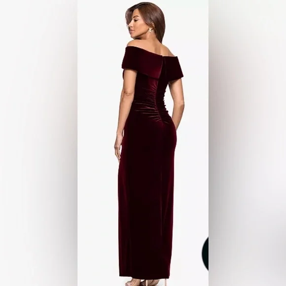 Xscape Velvet Burgundy Off the shoulder Evening maxi Dress Gown with side slit - Picture 3 of 13